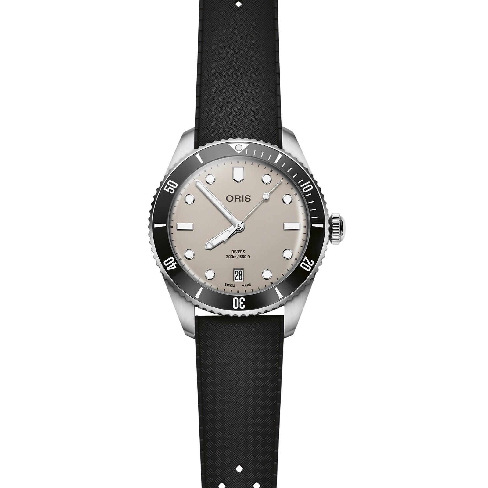 The Oris Divers Date wristwatch features automatic movement, a beige dial, black bezel, white markers, date window at 6 o’clock, and a textured black rubber strap, all in stainless steel and shown on a white background.