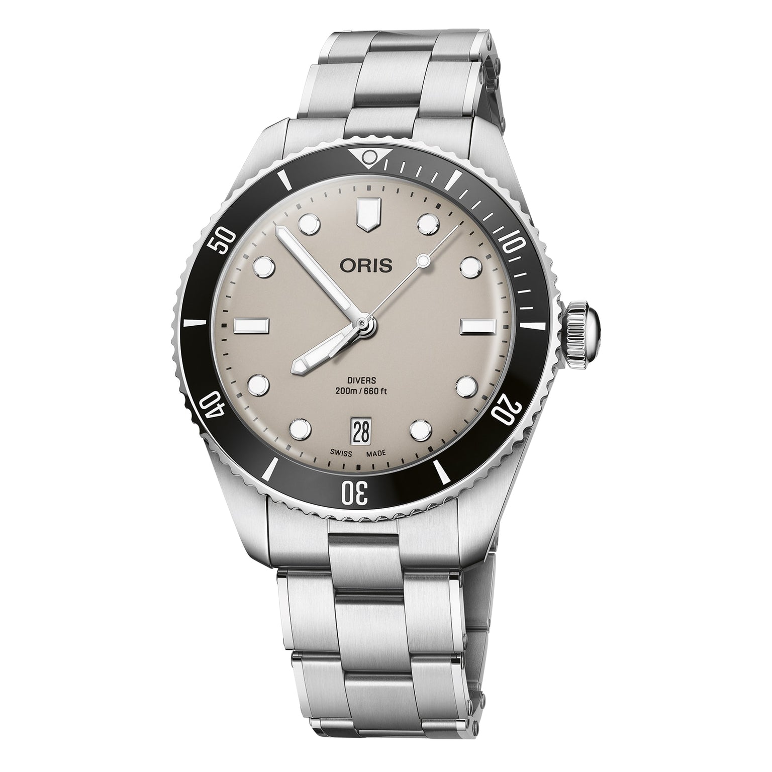 The Oris Divers Date is a stainless steel diving watch featuring a beige dial, date display, and black bezel.