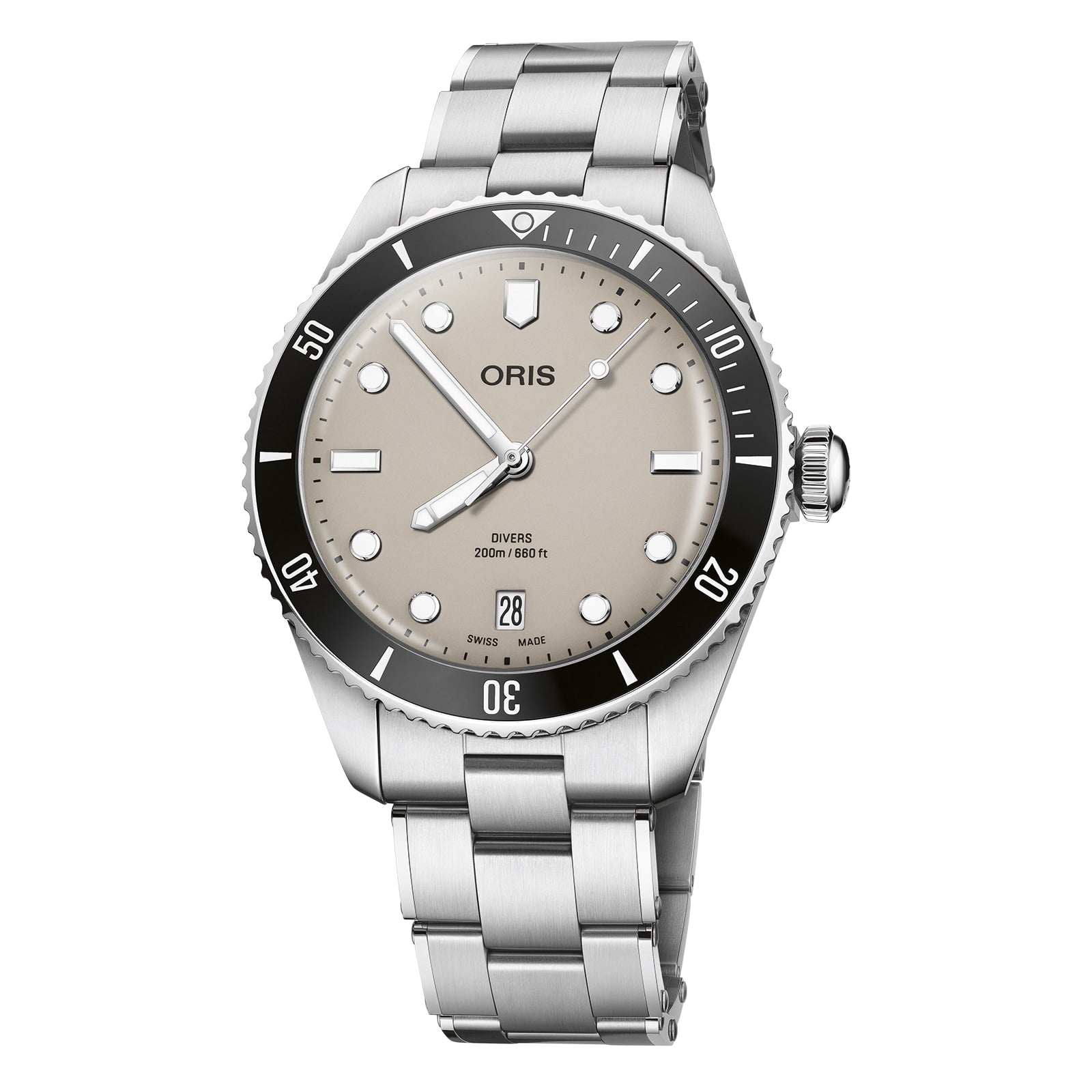 The Oris Divers Date is a stainless steel diving watch featuring a beige dial, date display, and black bezel.