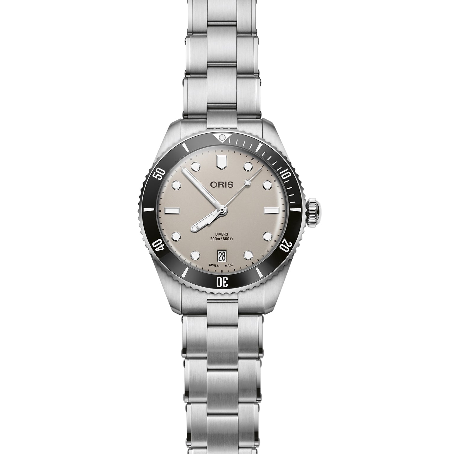 The Oris Divers Date is a stainless steel wristwatch featuring a beige dial, black bezel, automatic movement, date at 6 oclock, and silver hour markers and hands.