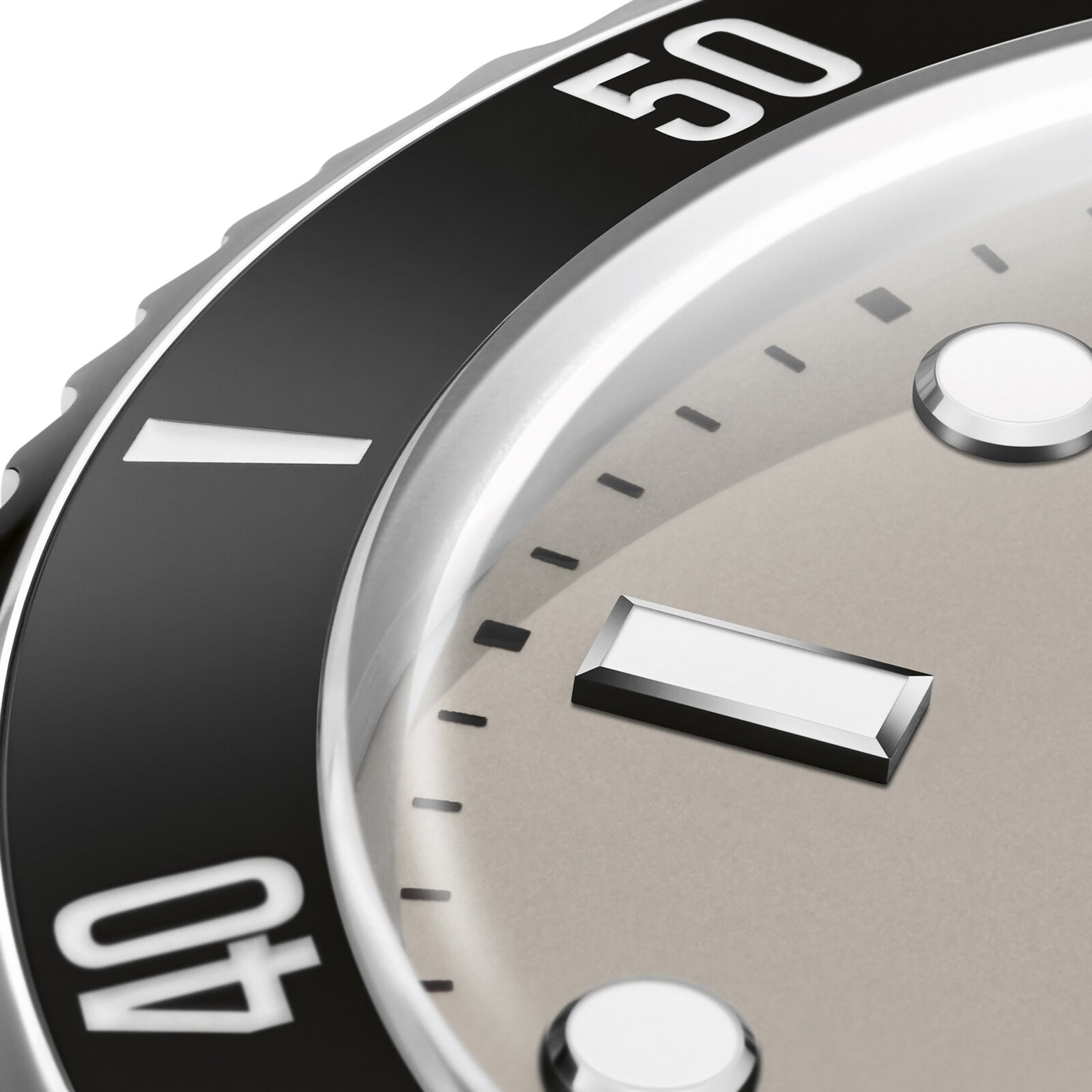 Close-up of the Oris Divers Date watch face, featuring black bezel with 40 and 50 minute markers, metallic hour markers, and a beige dial—showcasing elegant automatic movement in this modern Oris timepiece.