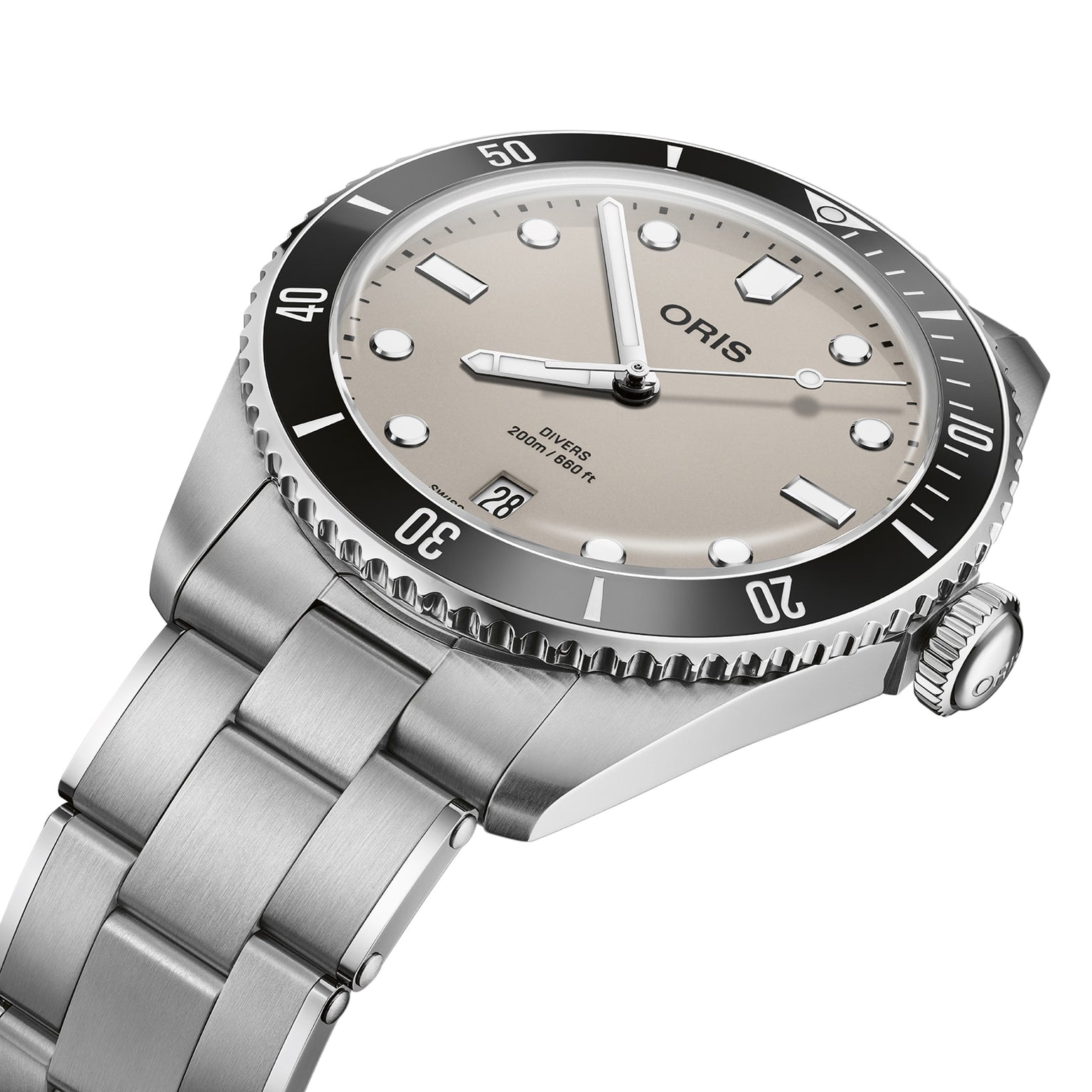 The Oris Divers Date is a stainless steel dive watch featuring a beige dial, black bezel, and metal bracelet.