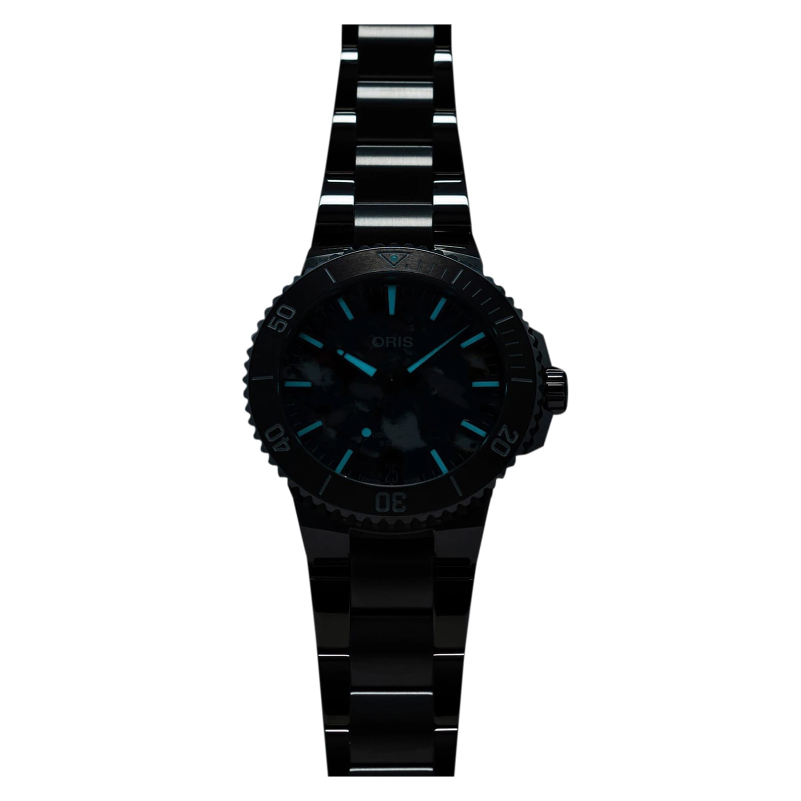 An Oris Aquis Date Upcycle Calibre 400 wristwatch with luminescent blue hands and hour markers on a metal band, photographed on a white background—perfect for mechanical watch enthusiasts.