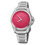 The Oris ProPilot X Miss Piggy Edition features a stainless steel case, hot pink dial, silver hands, baton markers, fluted bezel, and metal bracelet—a bold statement piece.