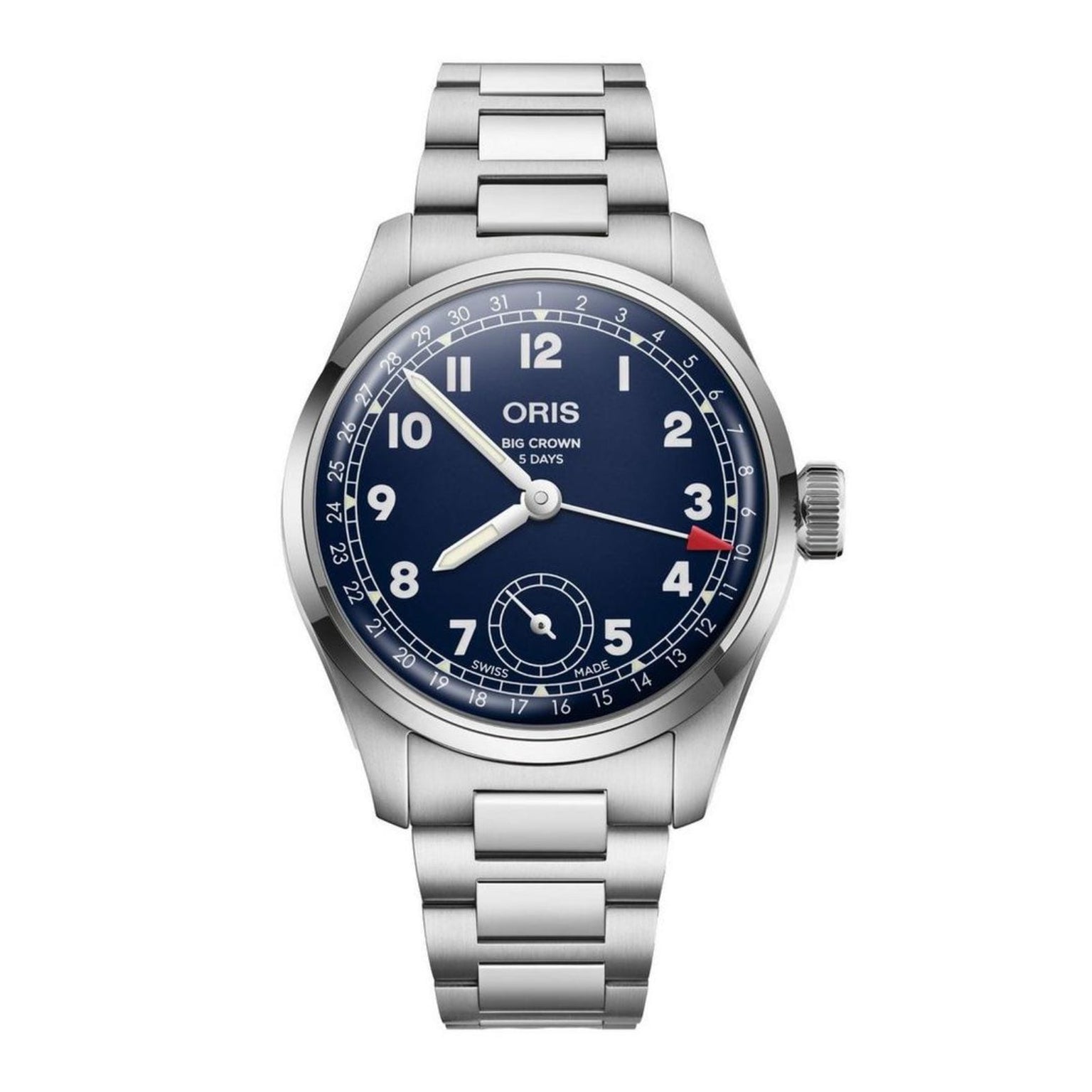 The Oris Big Crown Pointer Date Calibre 403 is a stainless steel wristwatch with a midnight blue dial, Arabic numerals, date pointer, a subdial at 6 o’clock, and a metal bracelet.