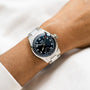 A close-up of the Oris Big Crown Pointer Date Calibre 403 with a midnight blue dial on a person’s wrist, displaying the time as 10:08.