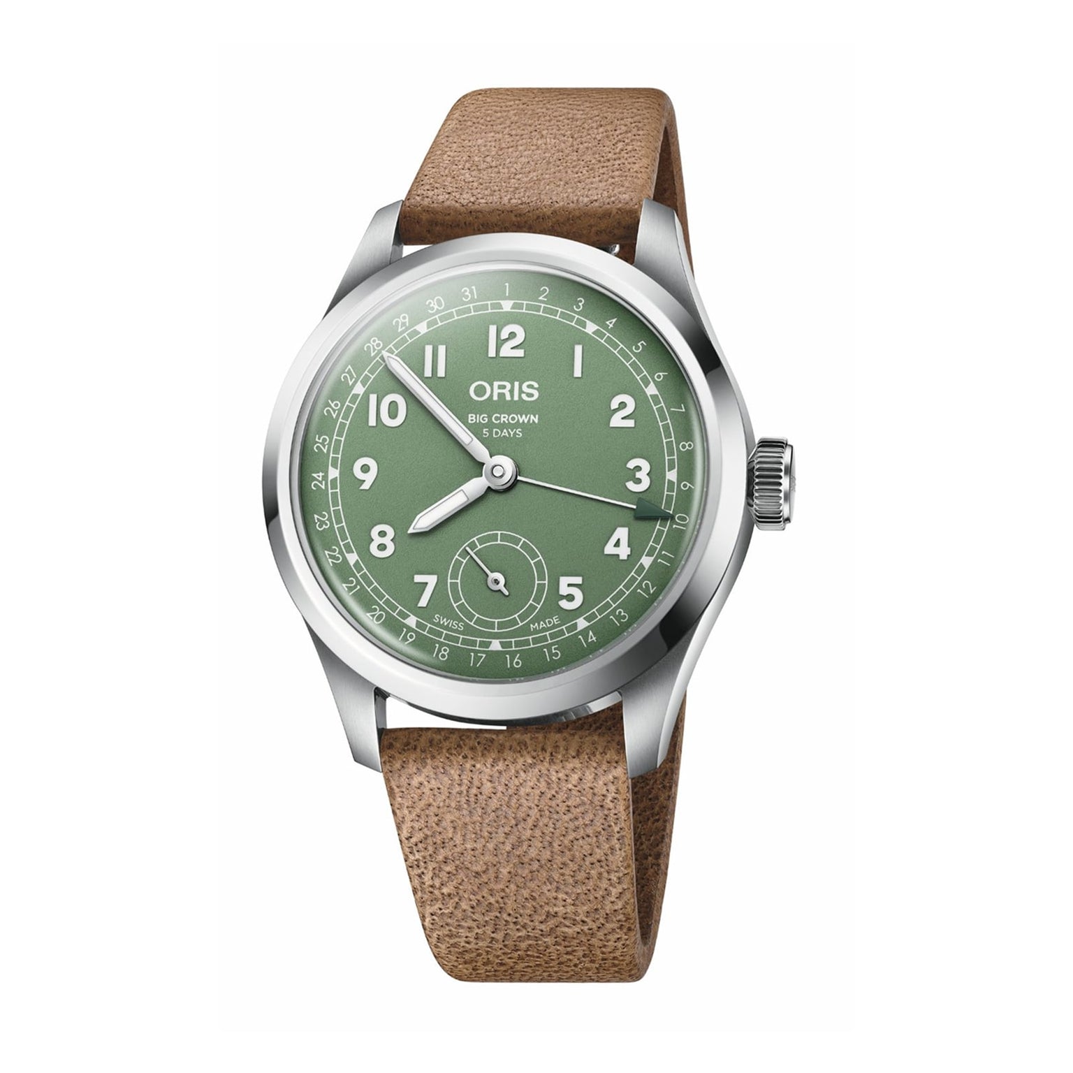 Oris Big Crown Pointer Date Calibre 403 watch with Swiss design, green dial with white Arabic numerals, small seconds subdial, stainless steel case, and light brown leather strap.