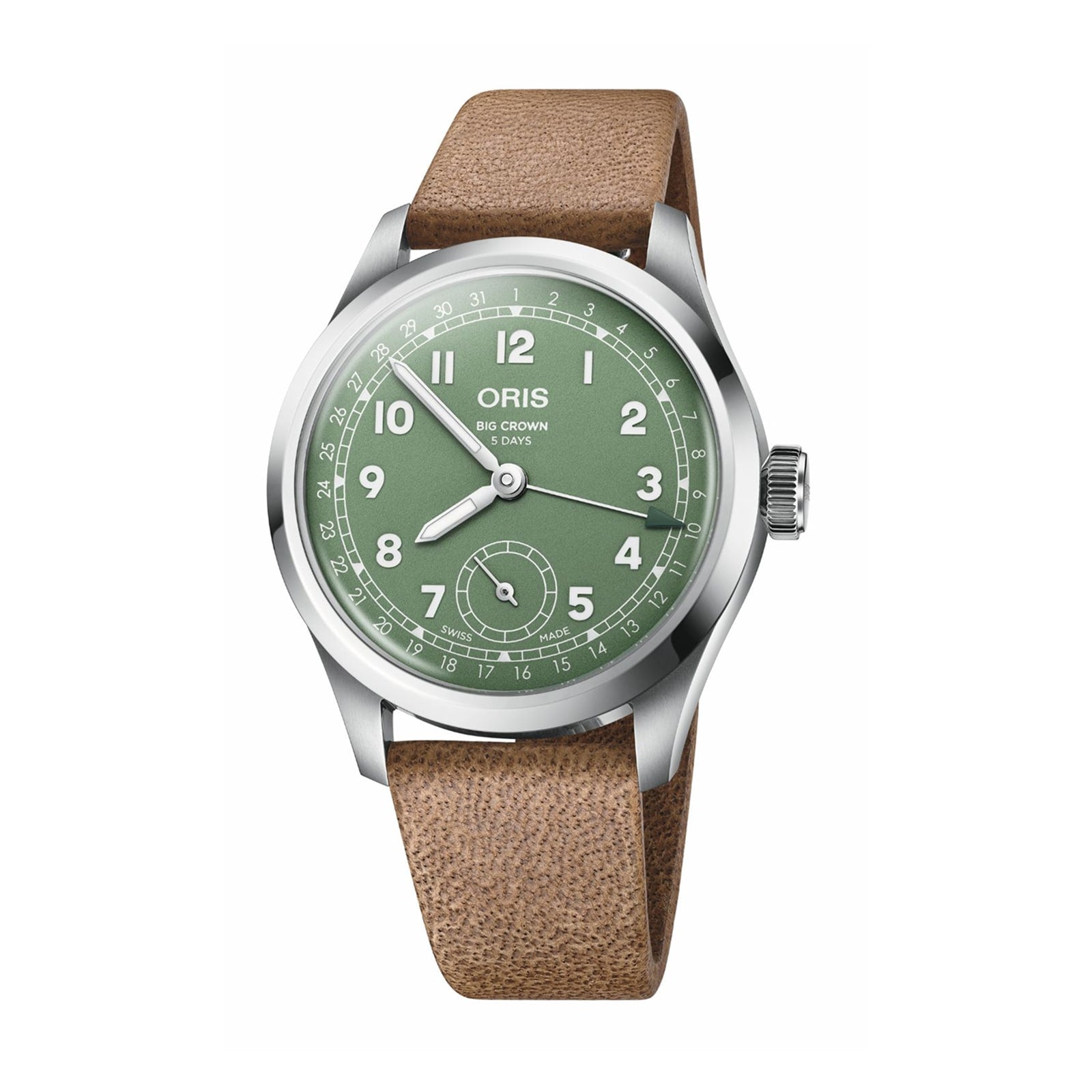 Oris Big Crown Pointer Date Calibre 403 watch with Swiss design, green dial with white Arabic numerals, small seconds subdial, stainless steel case, and light brown leather strap.