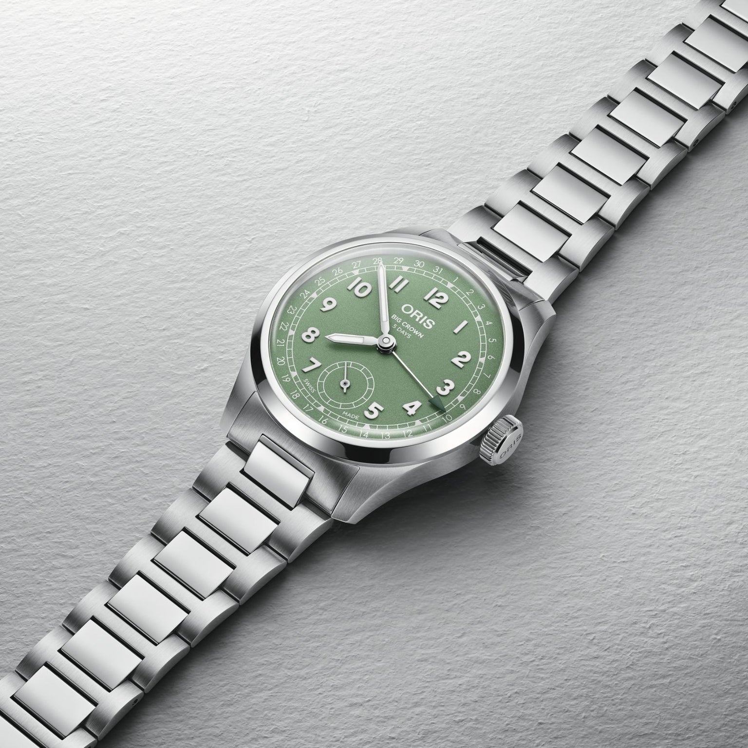 The Oris Big Crown Pointer Date Calibre 403 laying flat