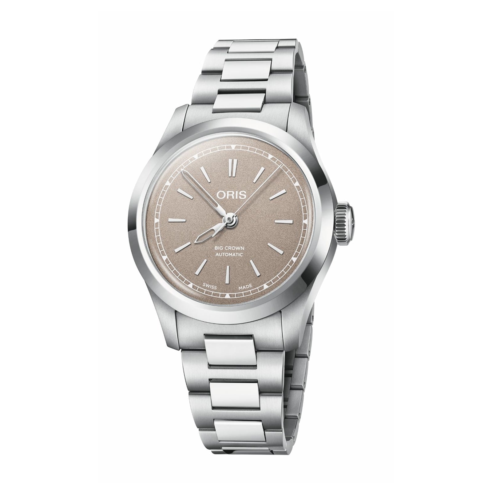 The Oris Big Crown stainless steel automatic wristwatch features a beige dial, silver hour markers, and a link bracelet, shown against a white background.