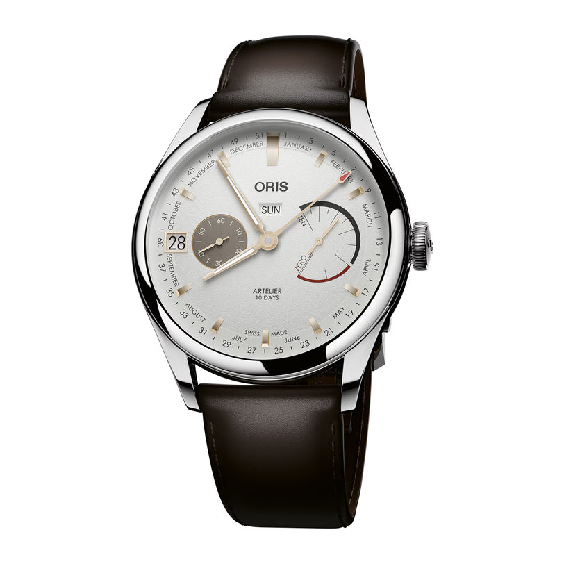 Oris watch with black leather strap and white face on a white background
