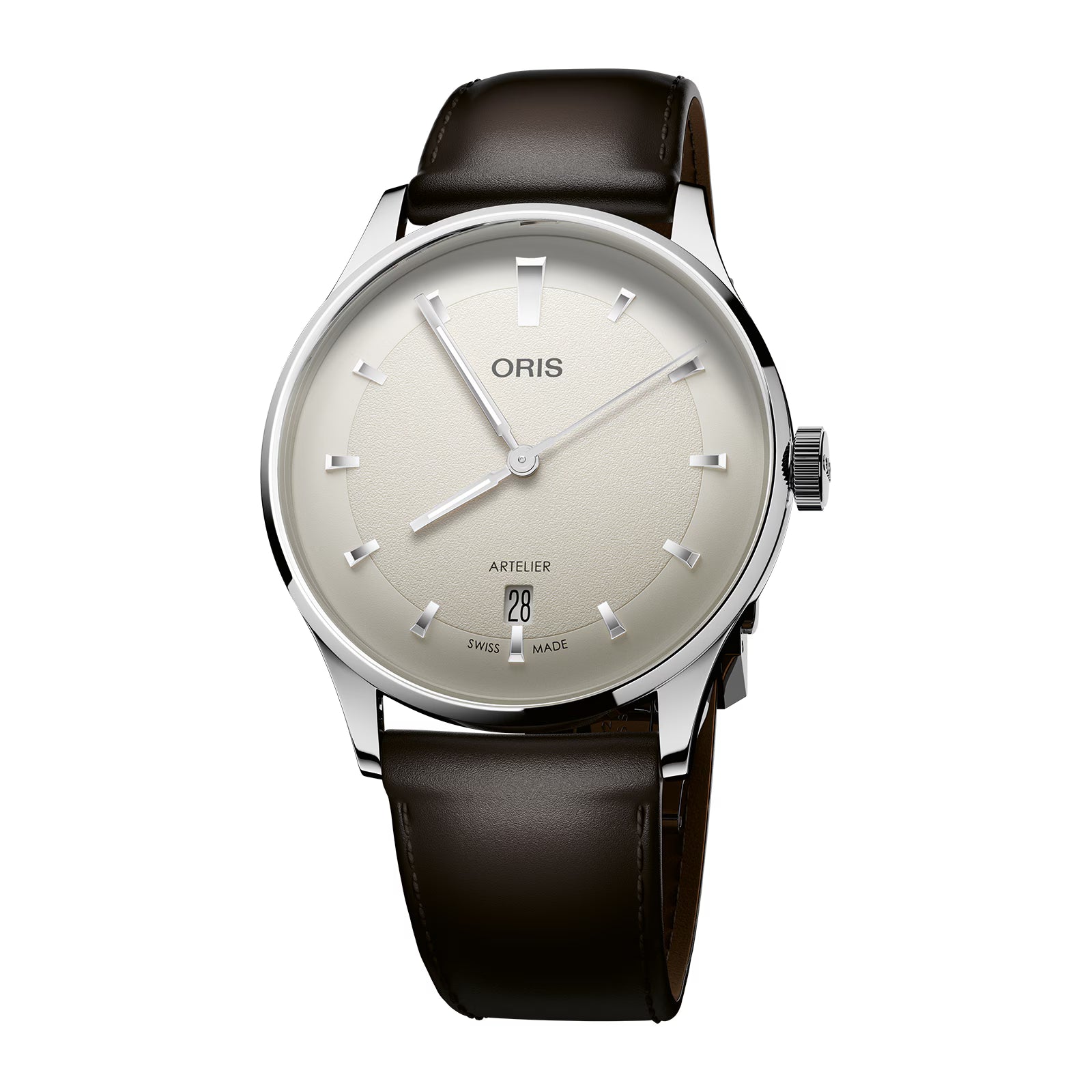 Oris watch with black leather strap and silver case on white background