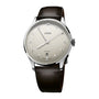 Oris watch with black leather strap and silver case on white background