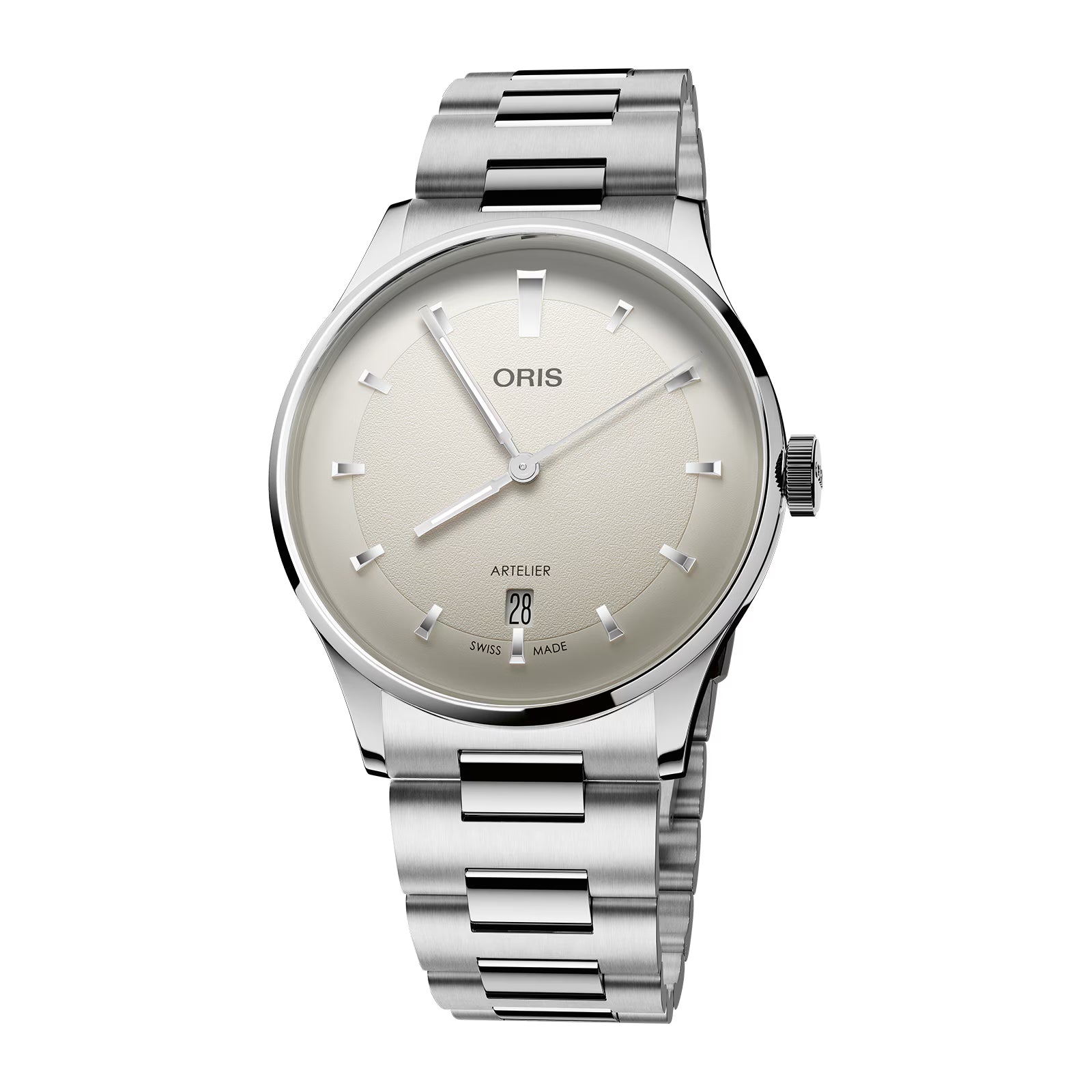 Silver Oris watch with a white face on a white background