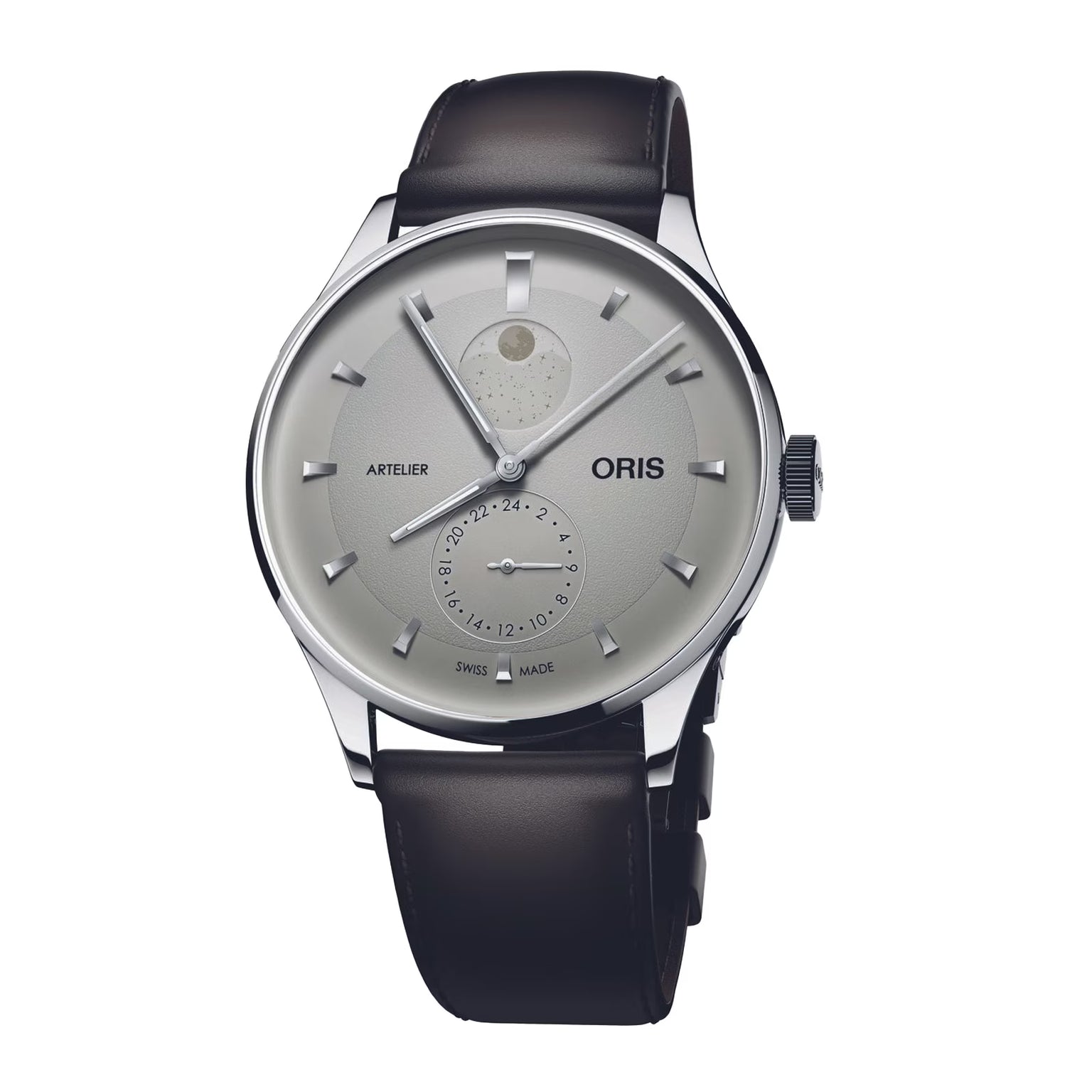 Silver-dial watch with moon phase indicator, subsidiary dial, and black leather strap.