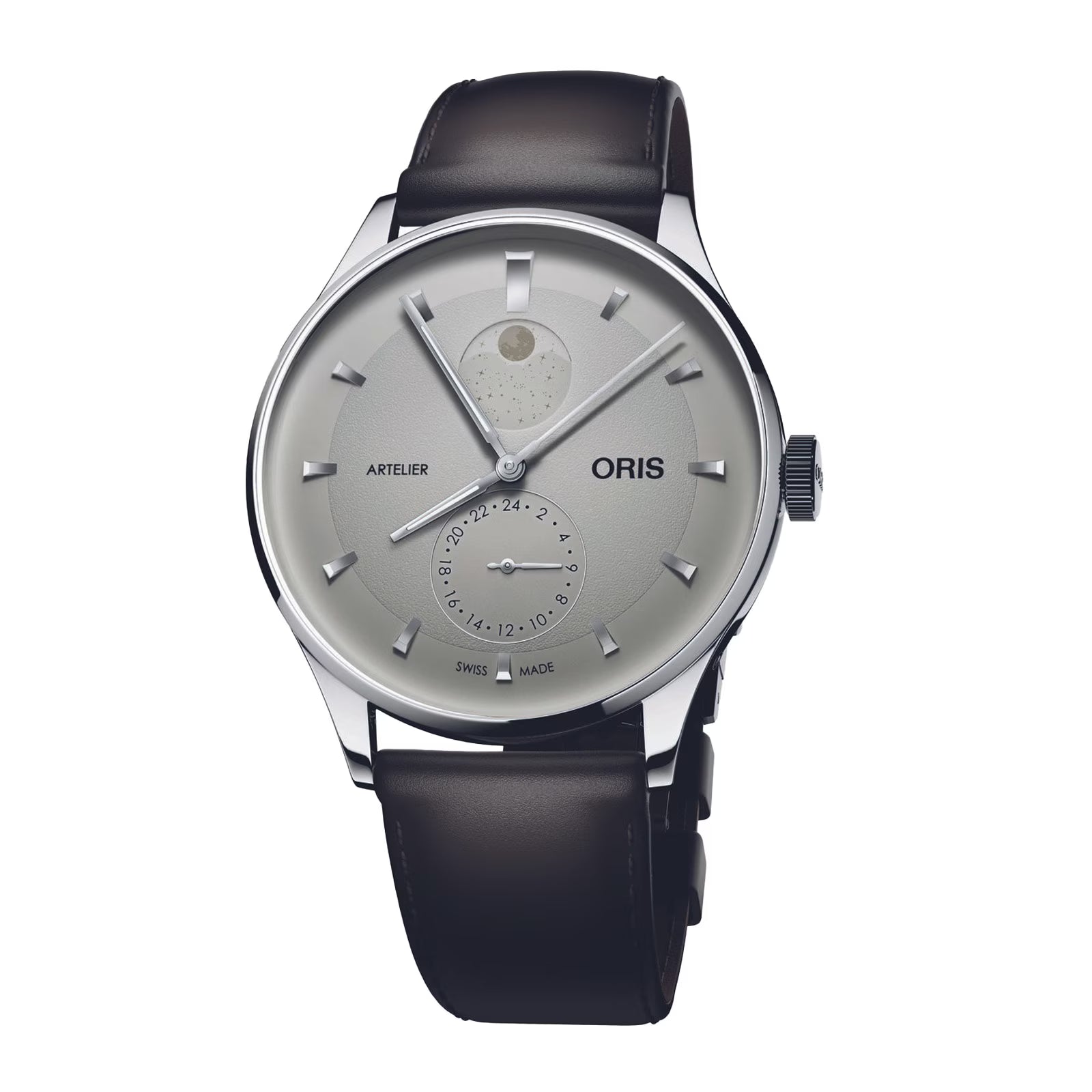 Silver-dial watch with moon phase indicator, subsidiary dial, and black leather strap.