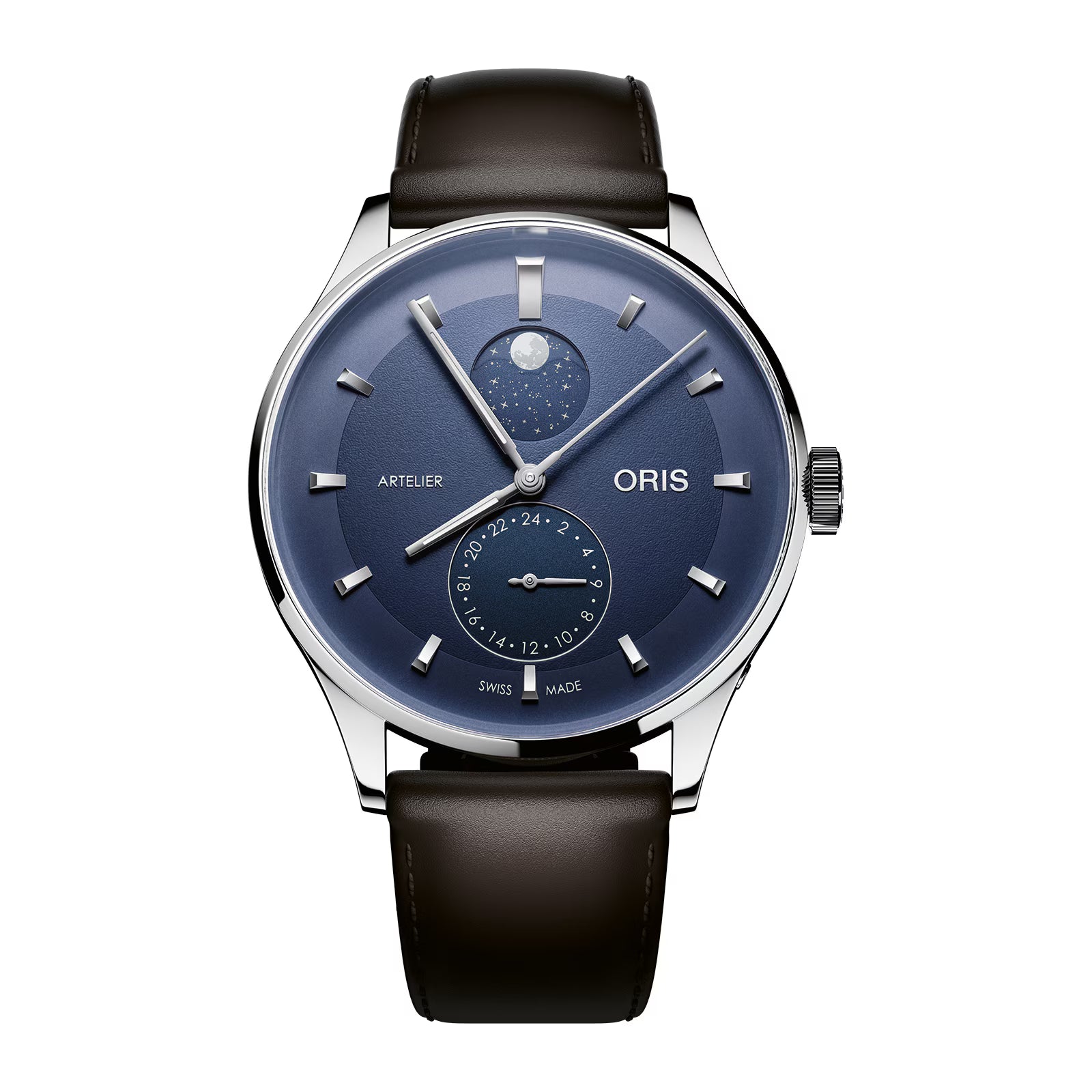 Silver-toned watch with blue dial, moonphase subdial, date window, and black leather strap.