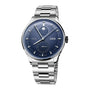 Silver stainless steel watch with blue dial, moonphase display, subdial, and metal link bracelet.