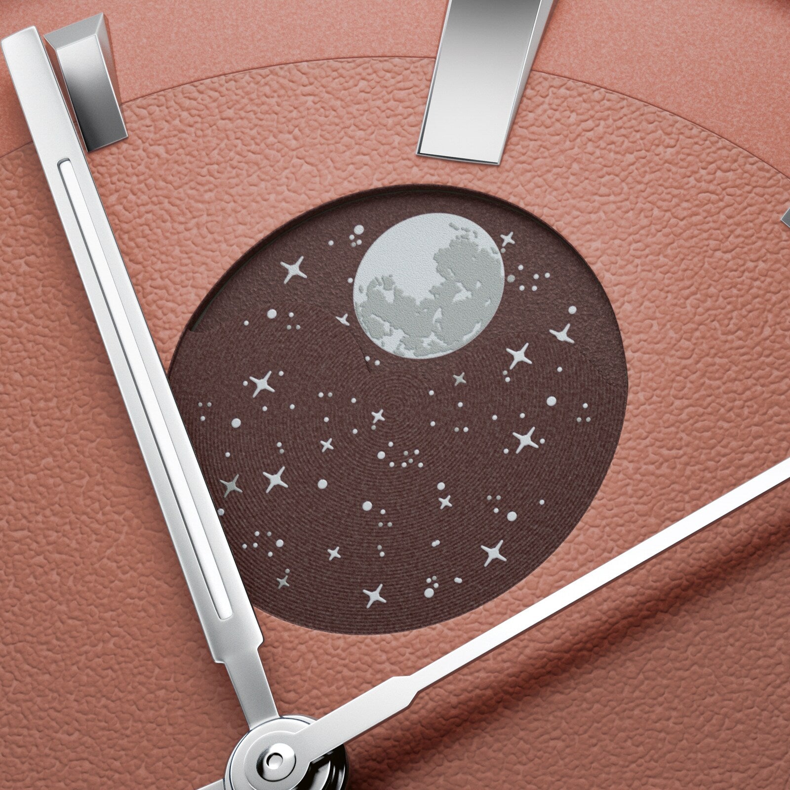 Circular brown watch face with full moon and star embellishments on pink leather strap with silver metal hardware.