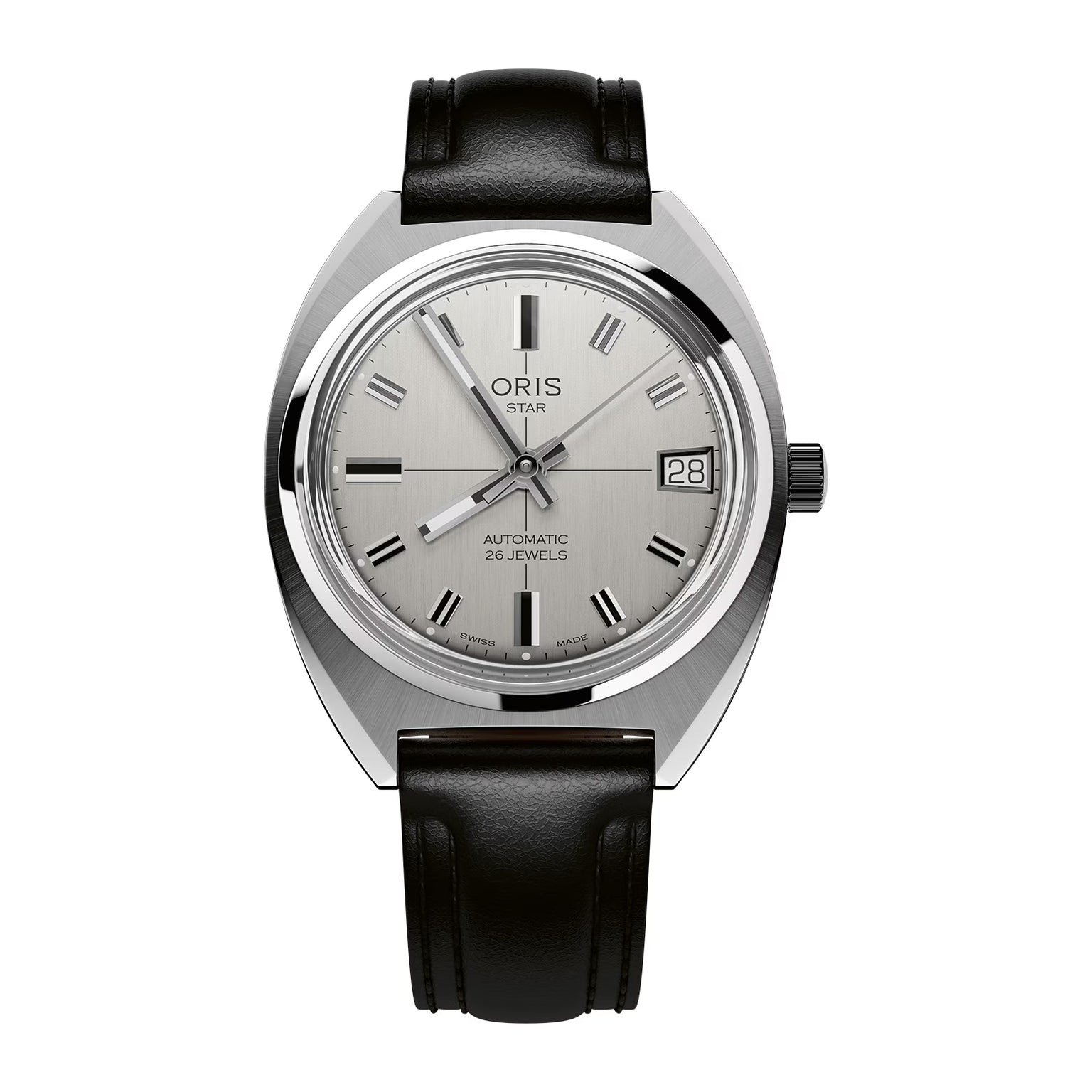 Oris Star Edition automatic watch with silver dial, Roman numerals, date window, and black leather strap.