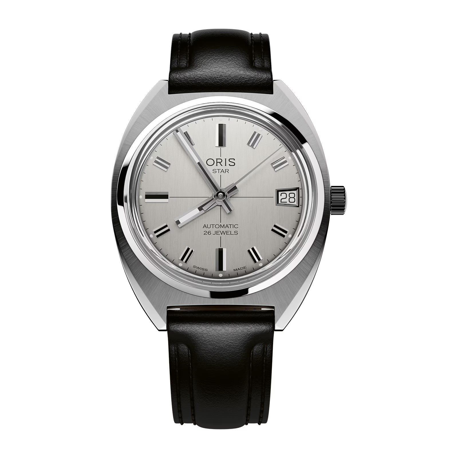 Oris Star Edition automatic watch with silver dial, Roman numerals, date window, and black leather strap.