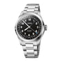 Stainless steel watch with black dial, Arabic numerals, date window, and metal bracelet.