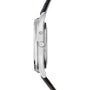 Side view of the Jaeger-LeCoultre Master Ultra Thin Reserve De Marche, featuring a silver case, crown, and black leather strap that highlight its minimalist design and ultra-slim profile.