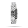 A side view of the Jaeger-LeCoultre Reverso Classic ladies’ watch displays its silver linked bracelet and a clasp engraved with a stylized JL logo, while the watch face remains hidden.