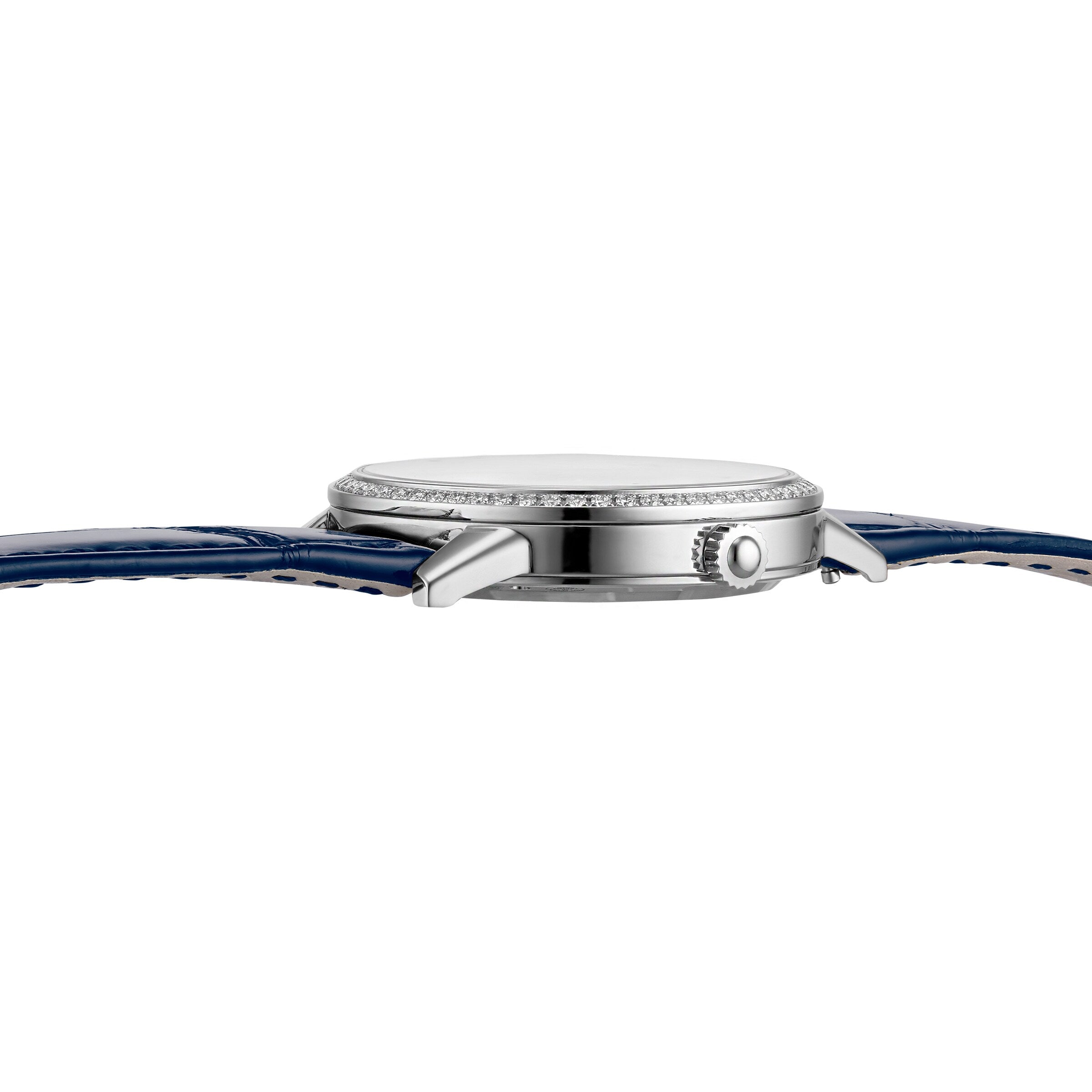 Side view of the Jaeger-LeCoultre Rendez-Vous Night & Day women's watch, featuring a blue leather strap, slim round case, and a sparkling stone-set bezel for an elegant finish.