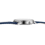 Side view of the Jaeger-LeCoultre Rendez-Vous Night & Day women's watch, featuring a blue leather strap, slim round case, and a sparkling stone-set bezel for an elegant finish.