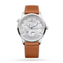 The Jaeger-LeCoultre Master is a luxury stainless steel wristwatch with a silver dial, multiple subdials, brown leather strap, and displays time, date, power reserve, and world time functions.