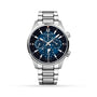The Jaeger-LeCoultre Polaris Perpetual Calendar is a stainless steel wristwatch with a blue multi-function dial showing day, date, month, and moon phase. It features silver hour markers, hands, and a metal link bracelet.