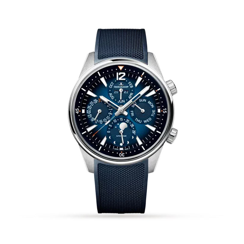 The Jaeger-LeCoultre Polaris Perpetual Calendar is a luxury wristwatch with a blue textured strap and dial, perpetual calendar subdials for date, day, and month, silver hour markers, and a stainless steel case against a white background.