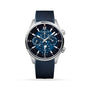 The Jaeger-LeCoultre Polaris Perpetual Calendar is a luxury wristwatch with a blue textured strap and dial, perpetual calendar subdials for date, day, and month, silver hour markers, and a stainless steel case against a white background.
