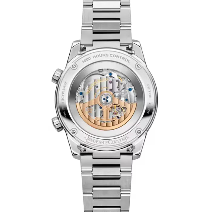 The back view of the Jaeger-LeCoultre Polaris Perpetual Calendar reveals its exposed mechanical movement through a transparent case back, with 1000 HOURS CONTROL and brand engravings visible along the stainless steel bracelet's edge.