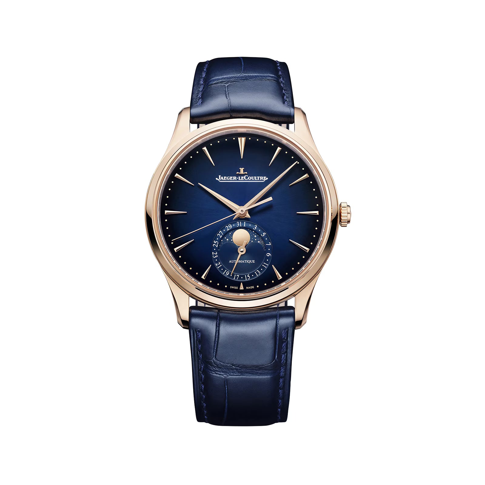 The Jaeger-LeCoultre Master Ultra Thin Moon Navy pairs a blue leather strap with a gold case and blue dial, showcasing gold hour markers, slender hands, and a moon phase subdial with date at 6 o’clock—true elegance.