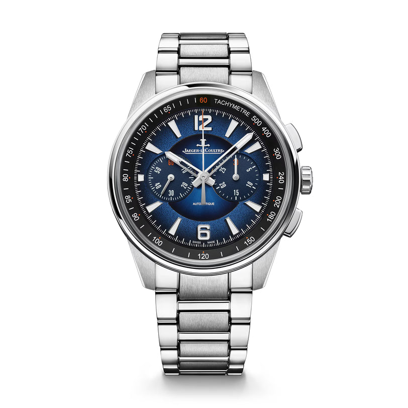 The Jaeger-LeCoultre Polaris Chronograph is a silver steel watch with a blue lacquered dial, tachymeter, two subdials, date at 6 o’clock, and a metal bracelet.