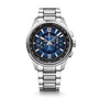 The Jaeger-LeCoultre Polaris Chronograph is a silver steel watch with a blue lacquered dial, tachymeter, two subdials, date at 6 o’clock, and a metal bracelet.