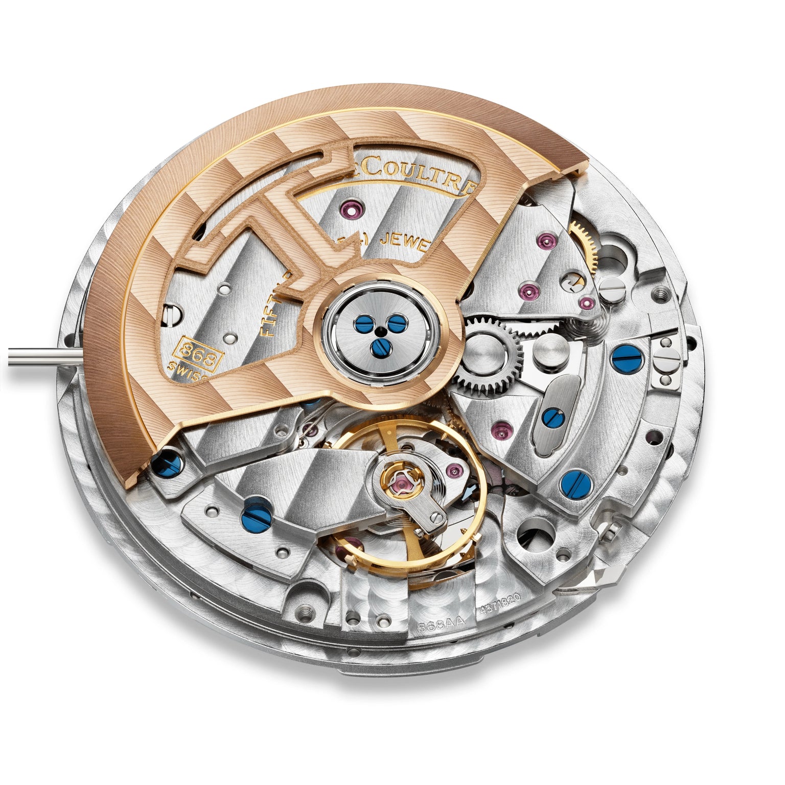 Close-up of the Jaeger-LeCoultre Polaris Perpetual Calendar's movement, showcasing intricate gears, blue screws, and a gold-colored rotor—a testament to the fine craftsmanship found in luxury timepieces.