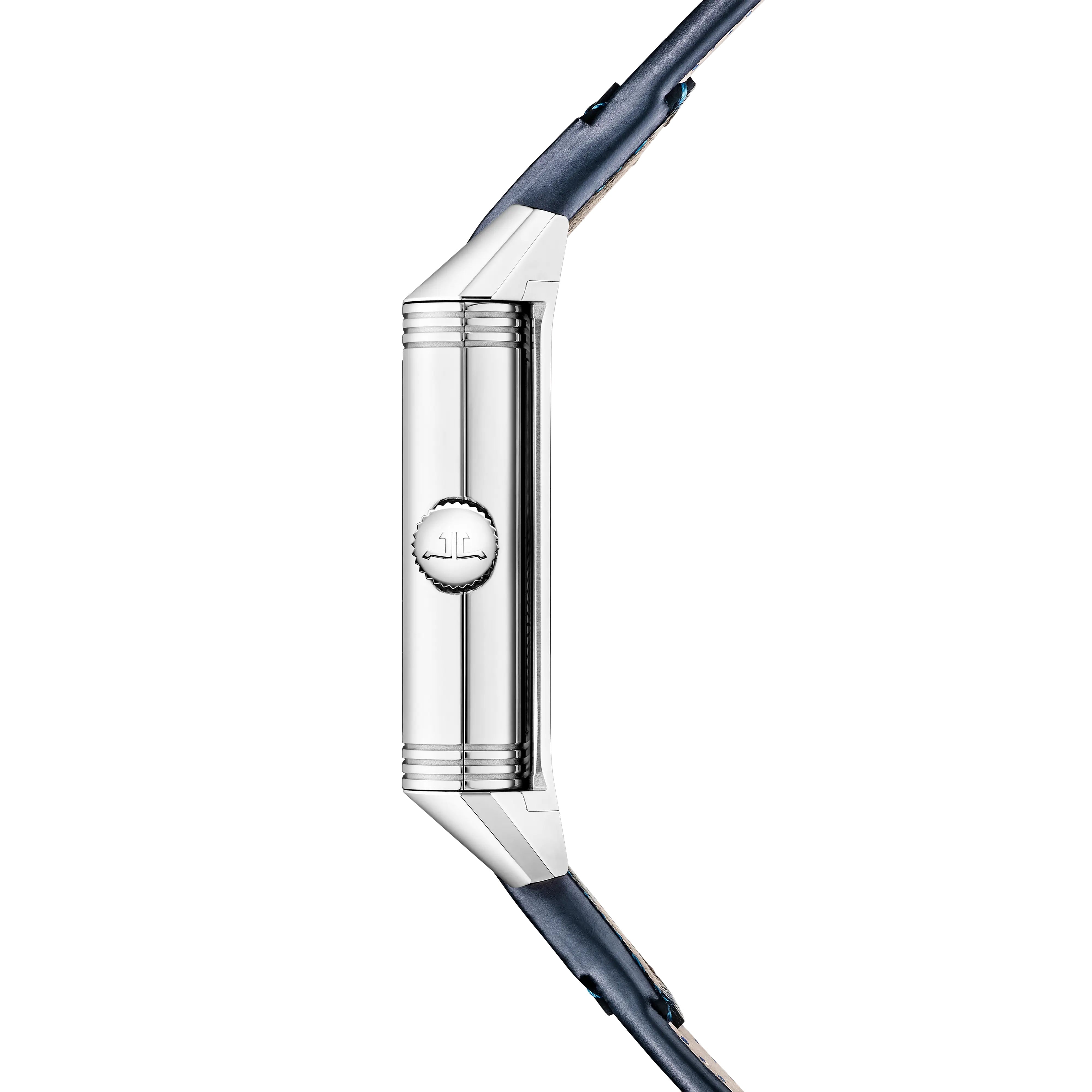 Side view of the Jaeger-LeCoultre Reverso Tribute Duoface Small Seconds, an Art Deco-inspired silver wristwatch with a black leather strap, polished case, and crown—echoing the iconic Reverso design.