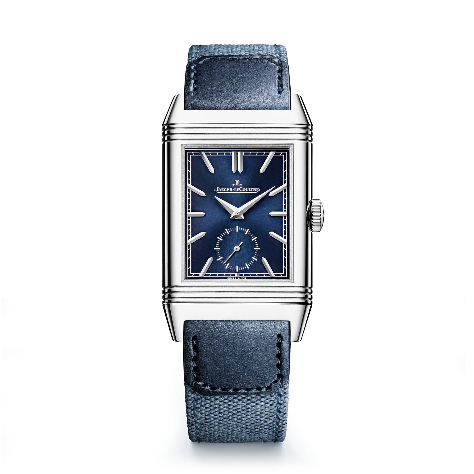 The Jaeger-LeCoultre Reverso Tribute Duoface Small Seconds is a rectangular stainless steel watch with an Art Deco-inspired blue dial, silver markers, a small seconds subdial, and a blue leather strap.