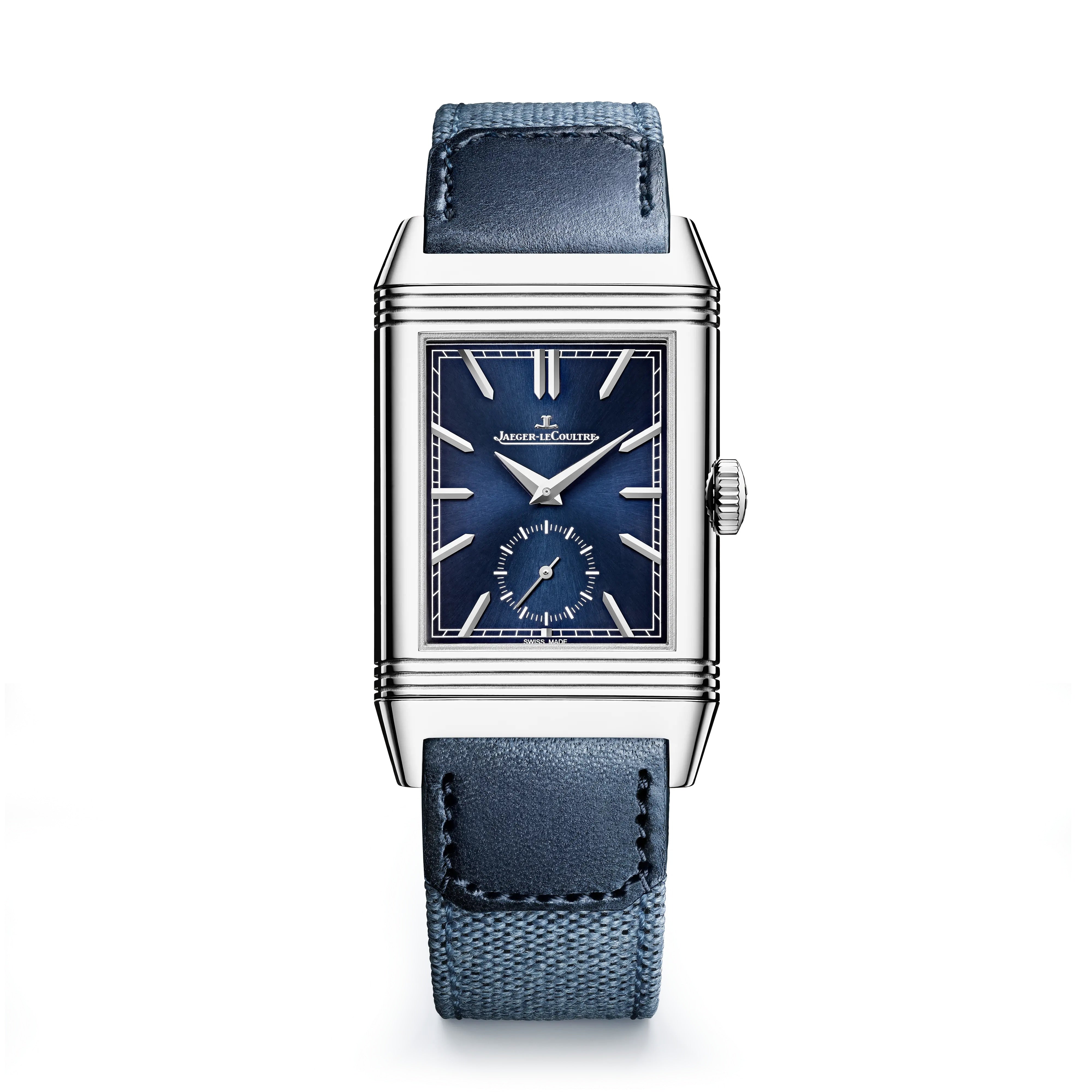 The Jaeger-LeCoultre Reverso Tribute Duoface Small Seconds is a rectangular stainless steel watch with an Art Deco-inspired blue dial, silver markers, a small seconds subdial, and a blue leather strap.