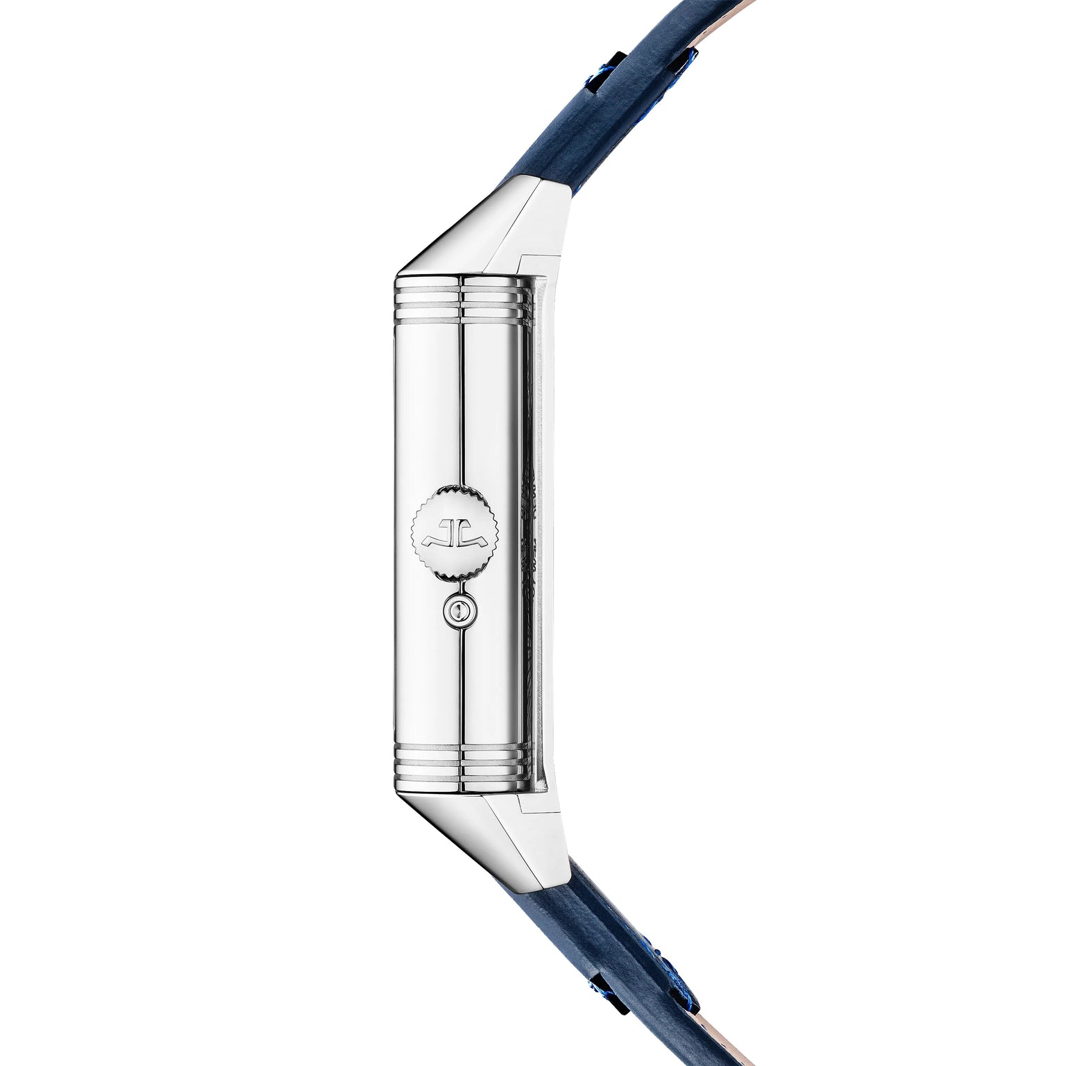 Side view of the Jaeger-LeCoultre Reverso Tribute Geographic watch, showcasing a silver case, blue leather strap, side crown, engraved logo, and subtle Art Deco design details.