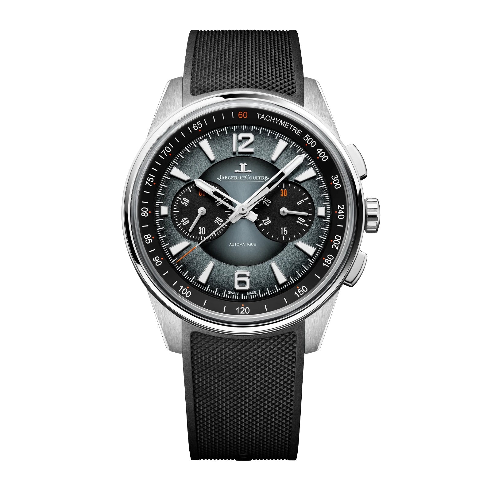 The Jaeger-LeCoultre Polaris Chronograph is a silver and black wristwatch featuring a black strap and three subdials on the face.