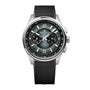 The Jaeger-LeCoultre Polaris Chronograph is a silver and black wristwatch featuring a black strap and three subdials on the face.