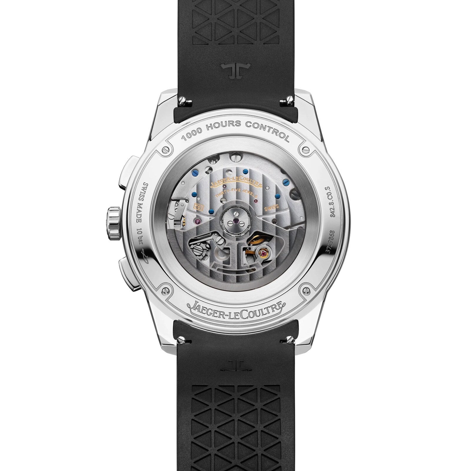 The back view of the Jaeger-LeCoultre Polaris Chronograph reveals its exposed mechanical movement and black rubber strap.