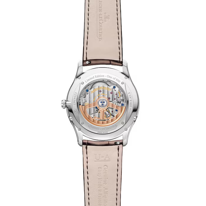 Back view of the Jaeger-LeCoultre Master Ultra Thin Moon, featuring its in-house calibre 925 visible through a transparent case, brown leather strap, and "Limited Edition - One of 188" engraved on the stainless steel back.