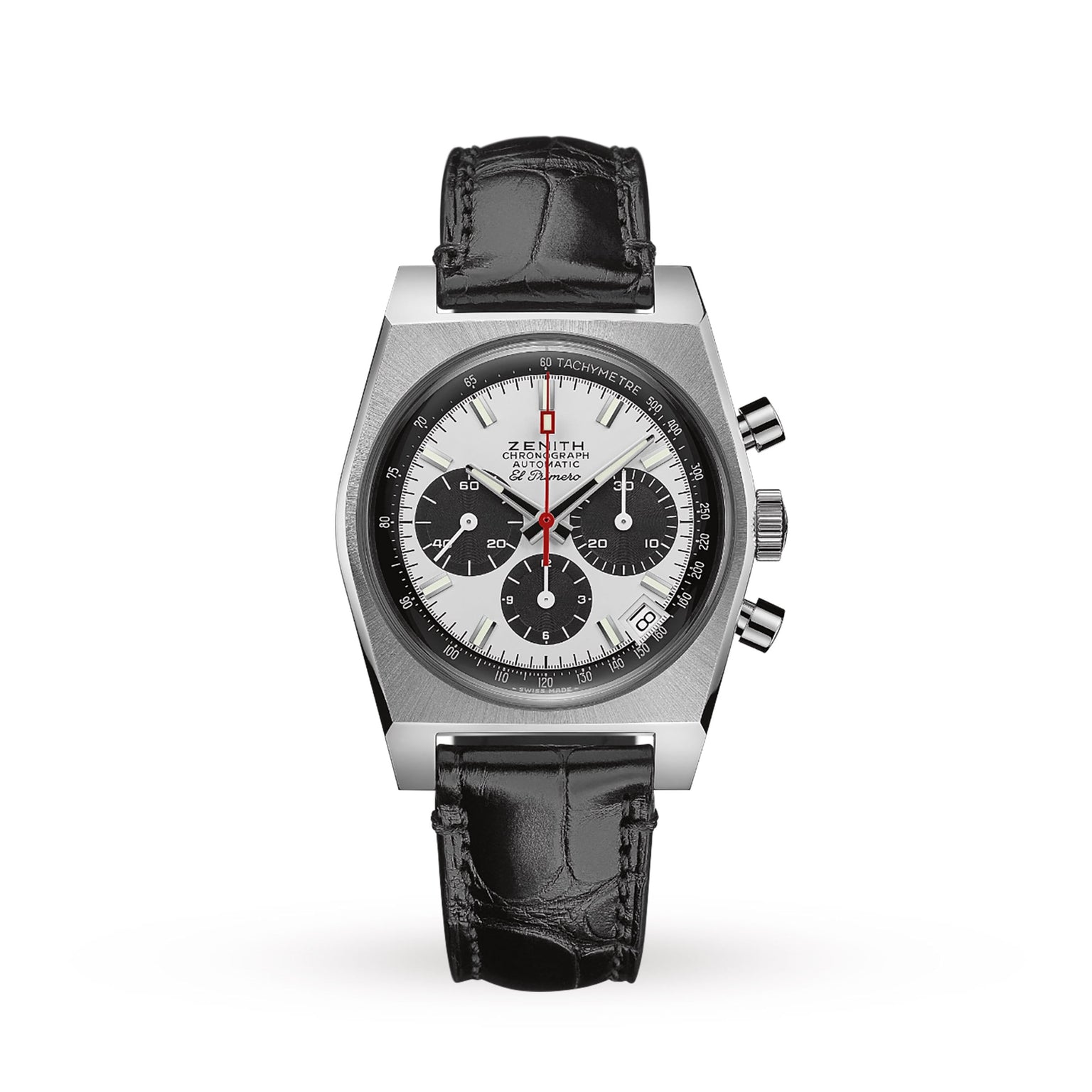 The Zenith Chronomaster Revival El Primero A384 features a stainless steel case, black leather strap, white dial with three black subdials, El Primero movement, and bold tachymeter markings.