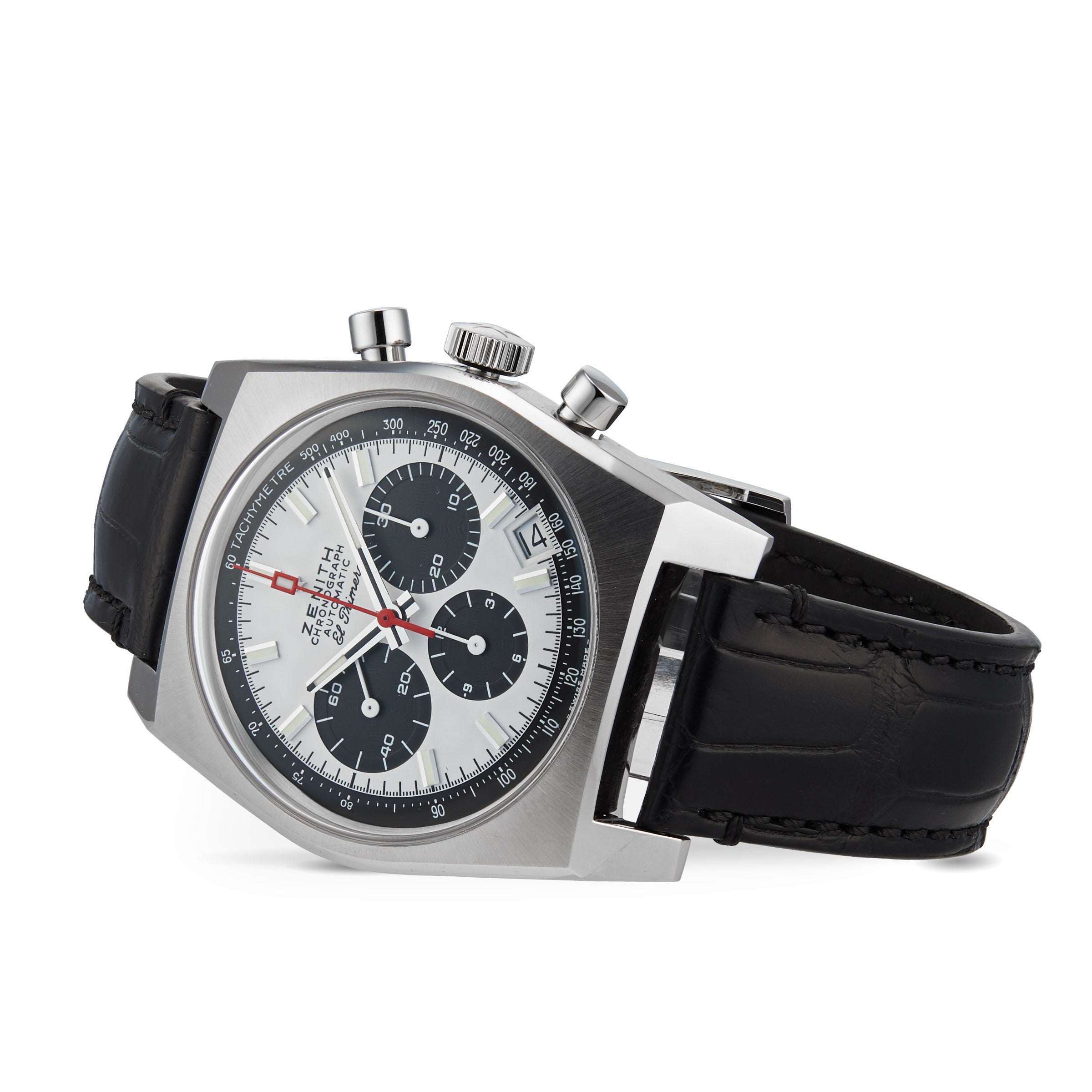 The Zenith Chronomaster Revival El Primero A384 is a stainless steel chronograph with a black leather strap, white dial, three black subdials, a date window at 4:30, and the iconic El Primero movement.