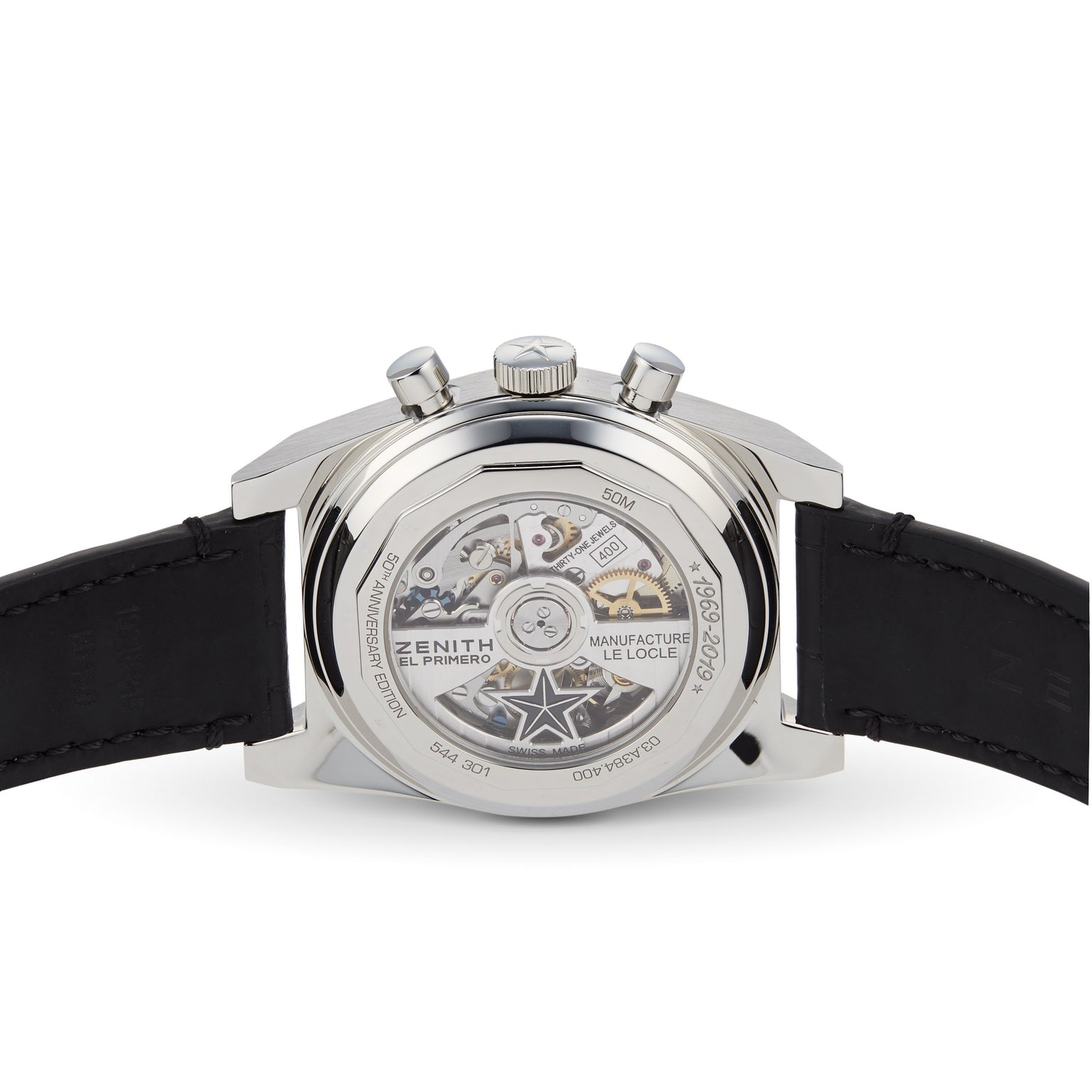 Back view of the Zenith Chronomaster Revival El Primero A384, highlighting its exposed movement, black leather strap, and engraved details on the stainless steel case.